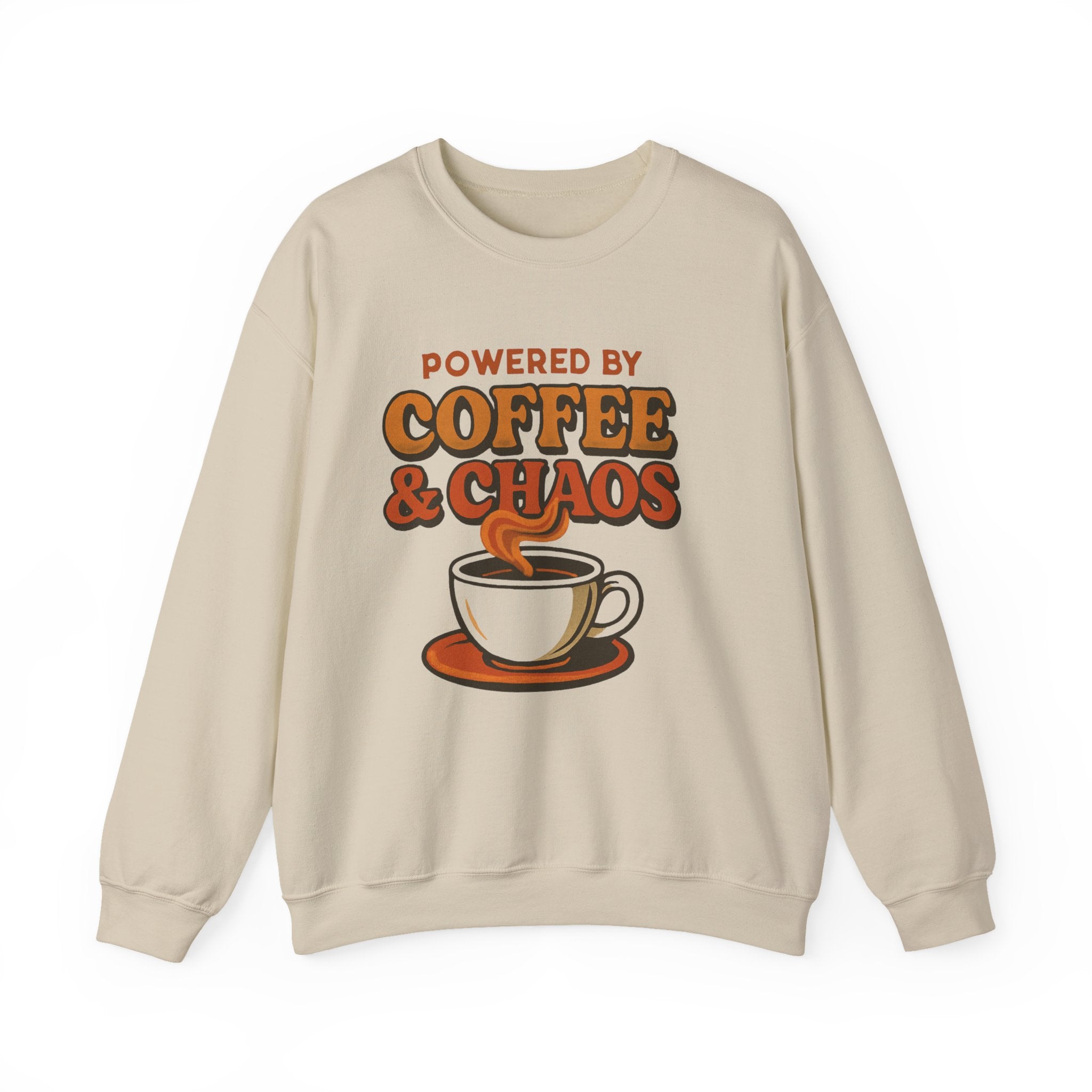 Coffee & Chaos Crewneck Sweatshirt – “Powered by Coffee & Chaos” Cozy Graphic Pullover