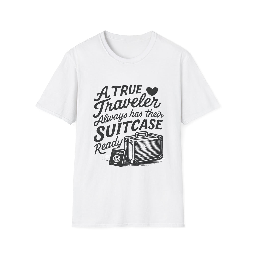 A True Traveler Unisex Softstyle T-Shirt, Travel Gift, Adventure Apparel, Wanderlust Tee, Suitcase Design Shirt