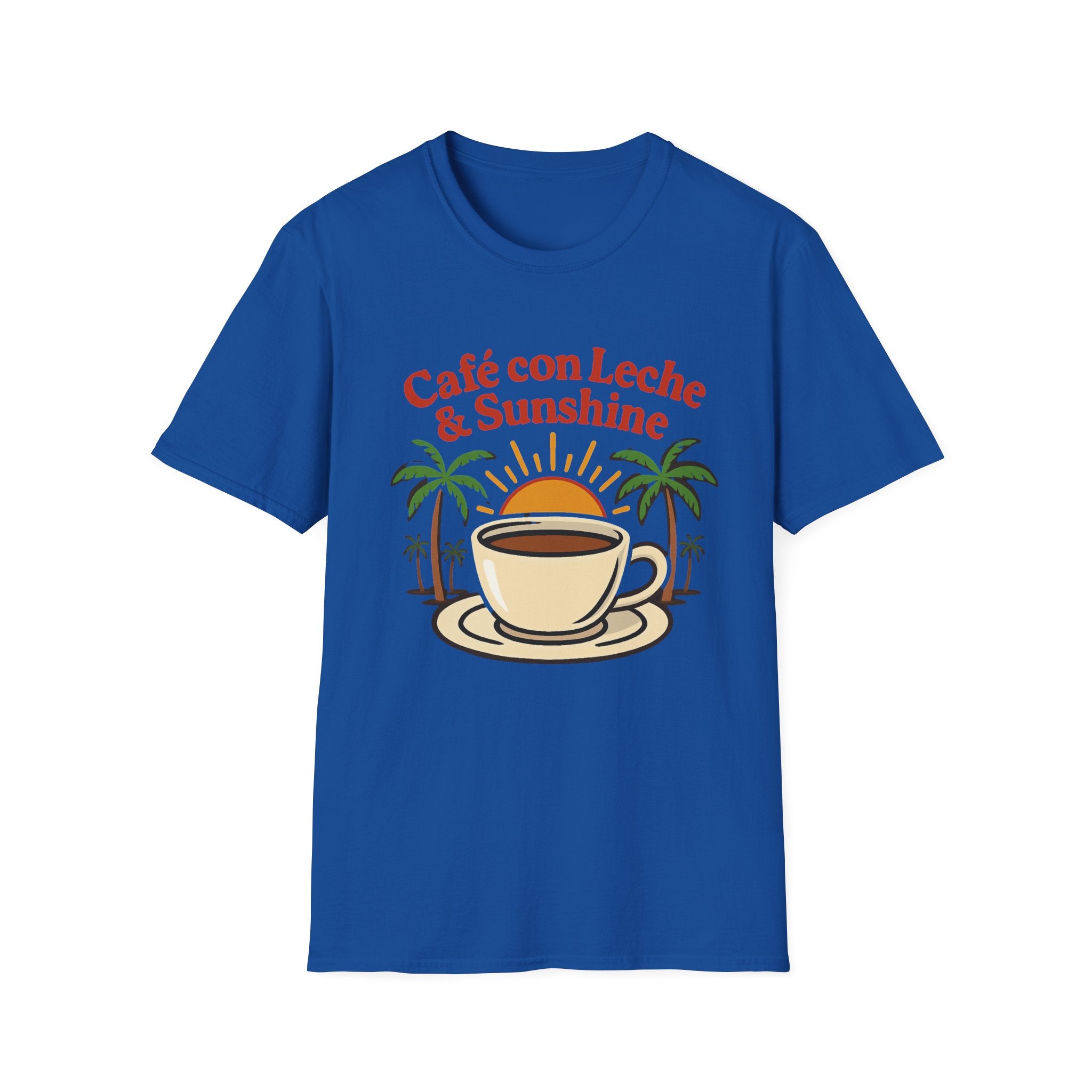 Café con Leche & Sunshine T-Shirt, Unisex Softstyle Tee, Coffee Lover Gift, Summer Vibes Shirt, Beach Day Apparel, Tropical Fashion