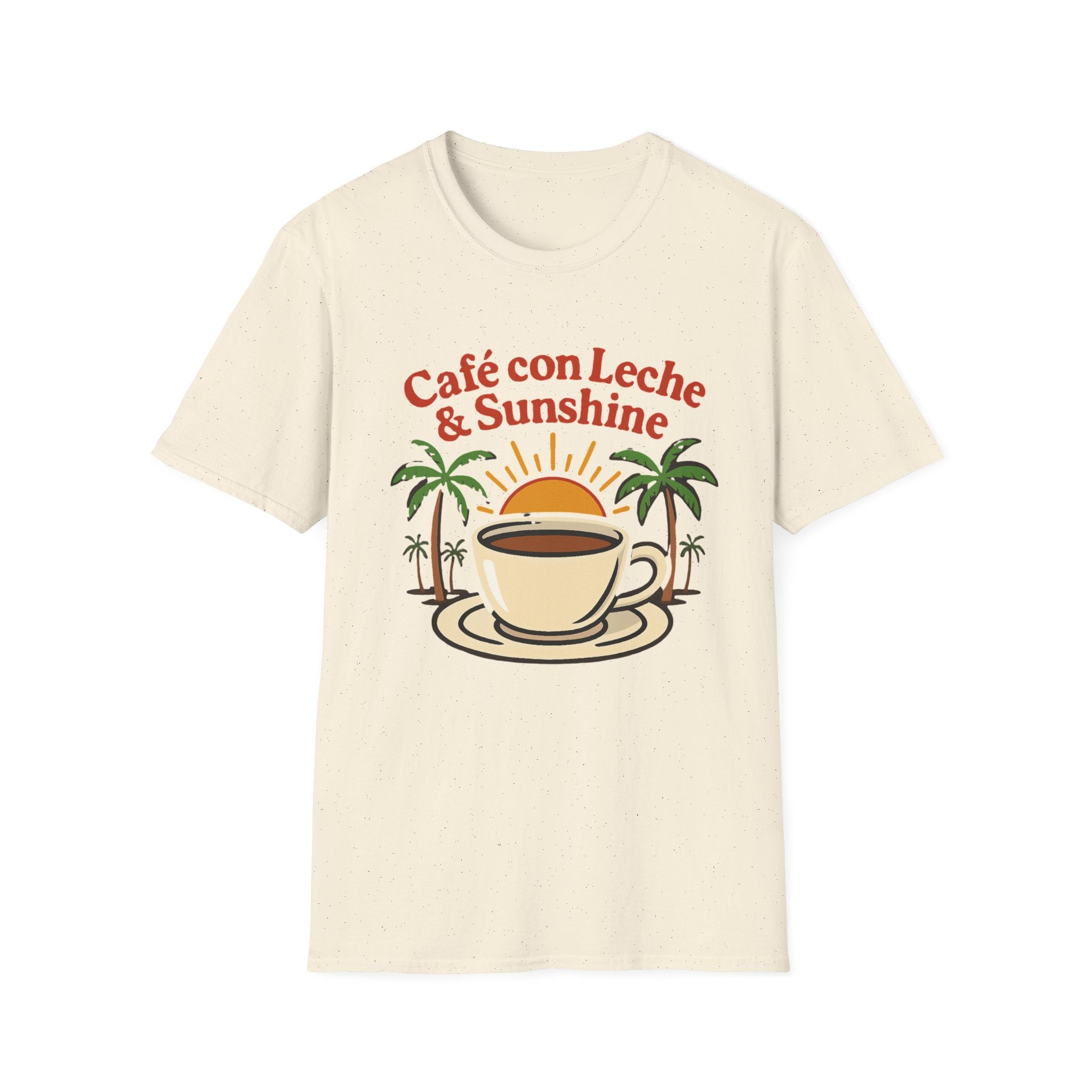 Café con Leche & Sunshine T-Shirt, Unisex Softstyle Tee, Coffee Lover Gift, Summer Vibes Shirt, Beach Day Apparel, Tropical Fashion