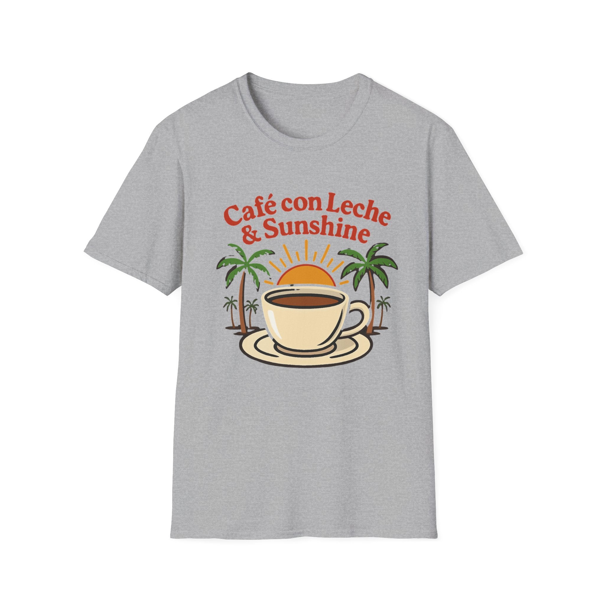 Café con Leche & Sunshine T-Shirt, Unisex Softstyle Tee, Coffee Lover Gift, Summer Vibes Shirt, Beach Day Apparel, Tropical Fashion
