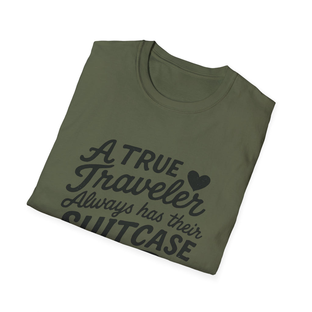 A True Traveler Unisex Softstyle T-Shirt, Travel Gift, Adventure Apparel, Wanderlust Tee, Suitcase Design Shirt