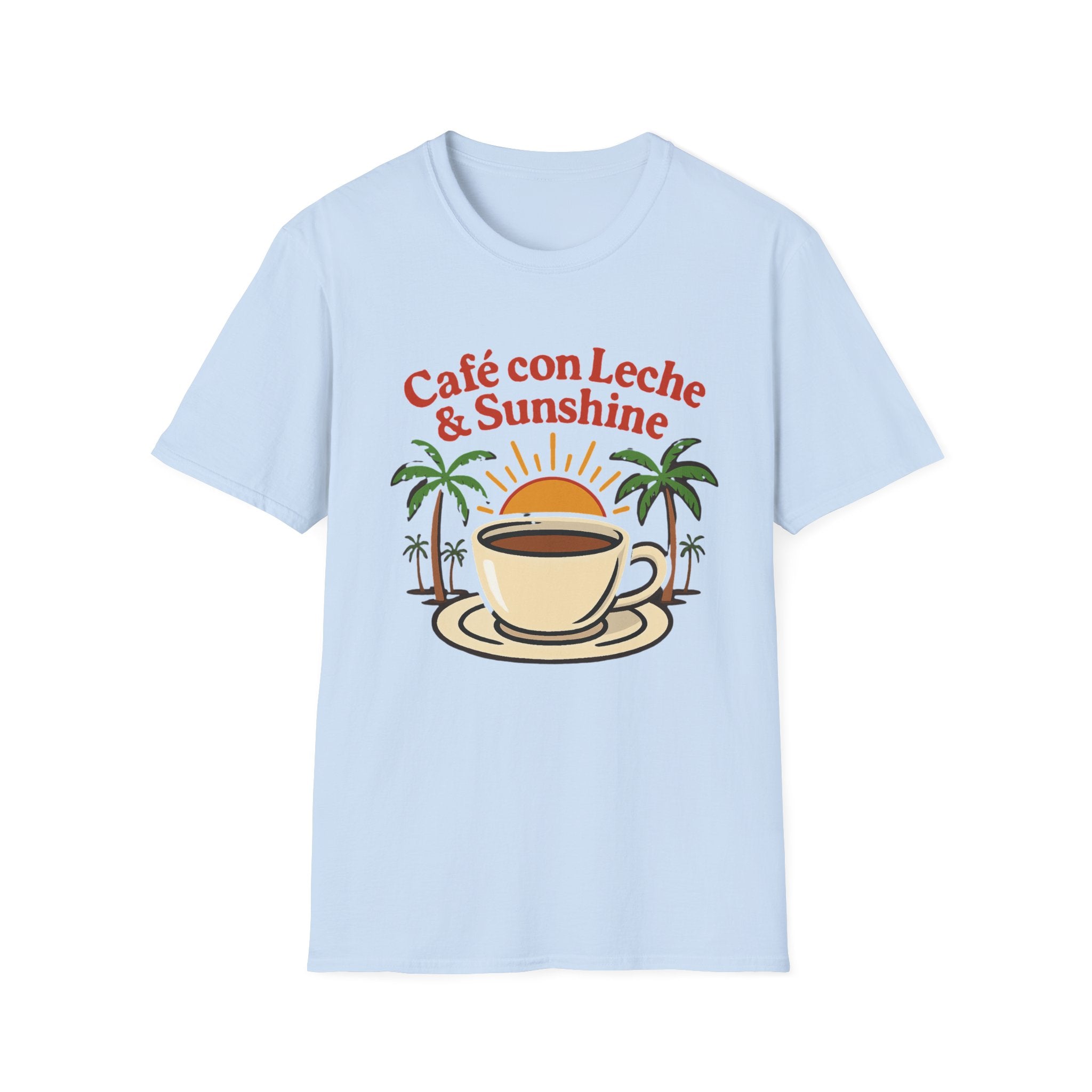 Café con Leche & Sunshine T-Shirt, Unisex Softstyle Tee, Coffee Lover Gift, Summer Vibes Shirt, Beach Day Apparel, Tropical Fashion