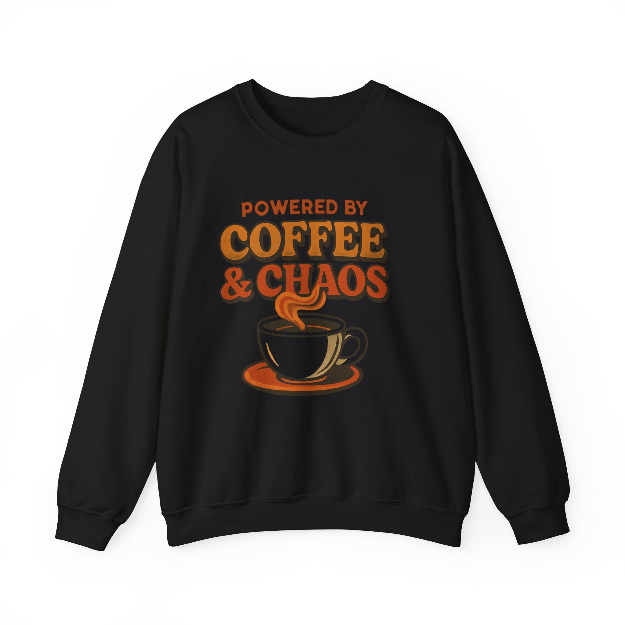 Coffee & Chaos Crewneck Sweatshirt – “Powered by Coffee & Chaos” Cozy Graphic Pullover