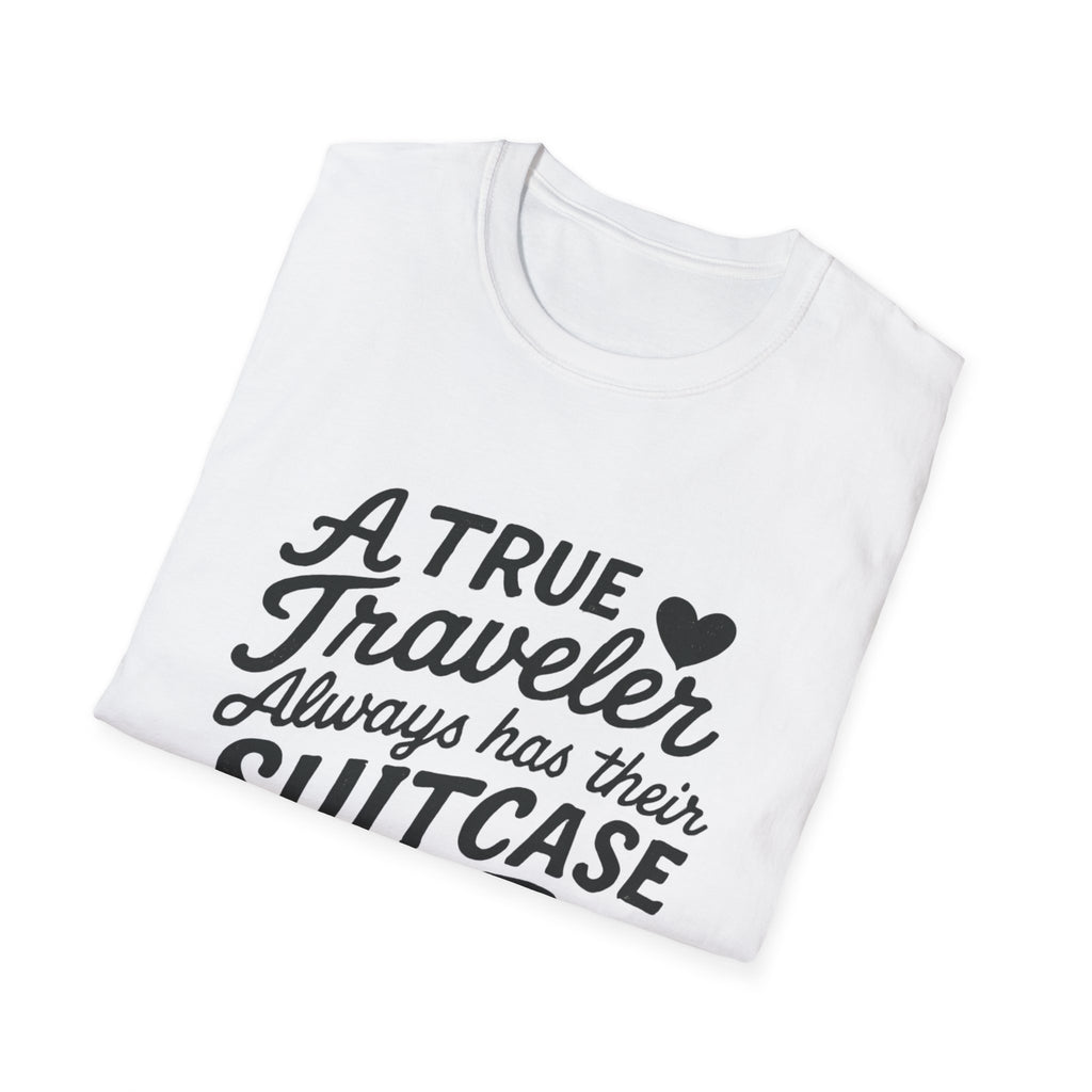 A True Traveler Unisex Softstyle T-Shirt, Travel Gift, Adventure Apparel, Wanderlust Tee, Suitcase Design Shirt