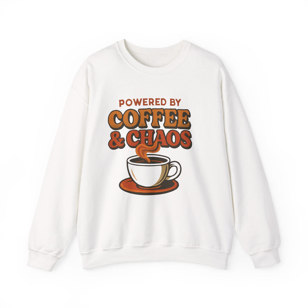 Coffee & Chaos Crewneck Sweatshirt – “Powered by Coffee & Chaos” Cozy Graphic Pullover