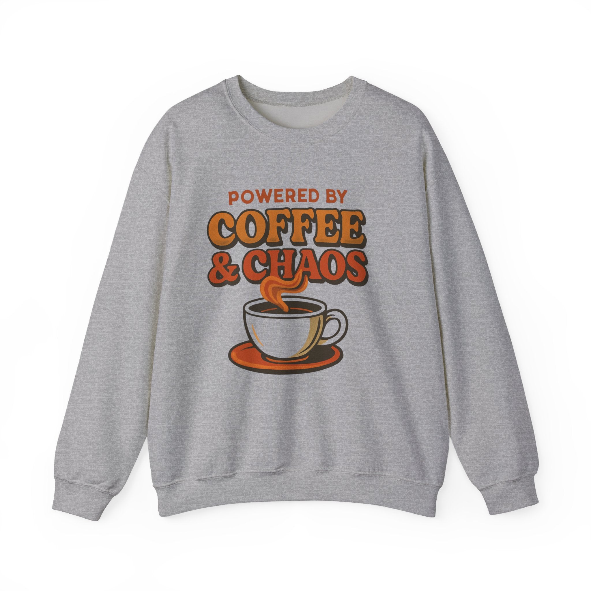 Coffee & Chaos Crewneck Sweatshirt – “Powered by Coffee & Chaos” Cozy Graphic Pullover