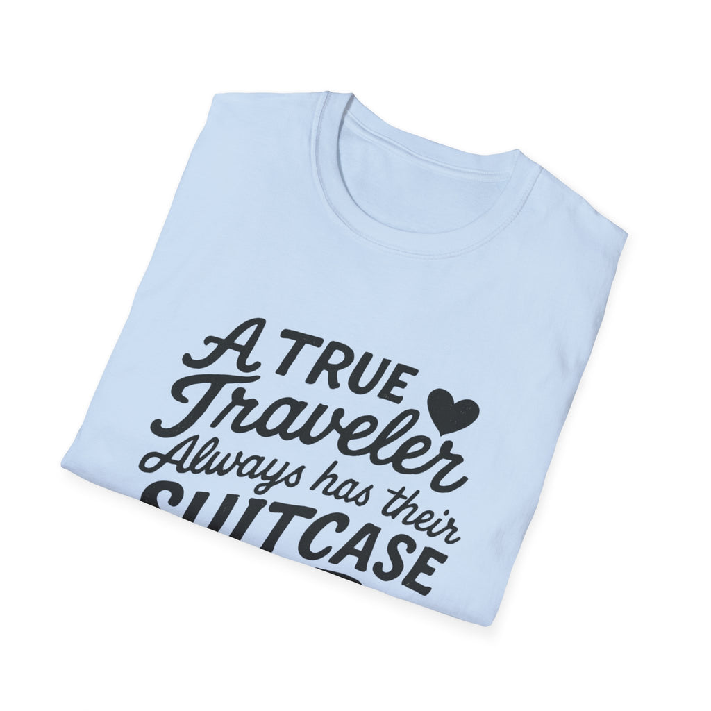 A True Traveler Unisex Softstyle T-Shirt, Travel Gift, Adventure Apparel, Wanderlust Tee, Suitcase Design Shirt
