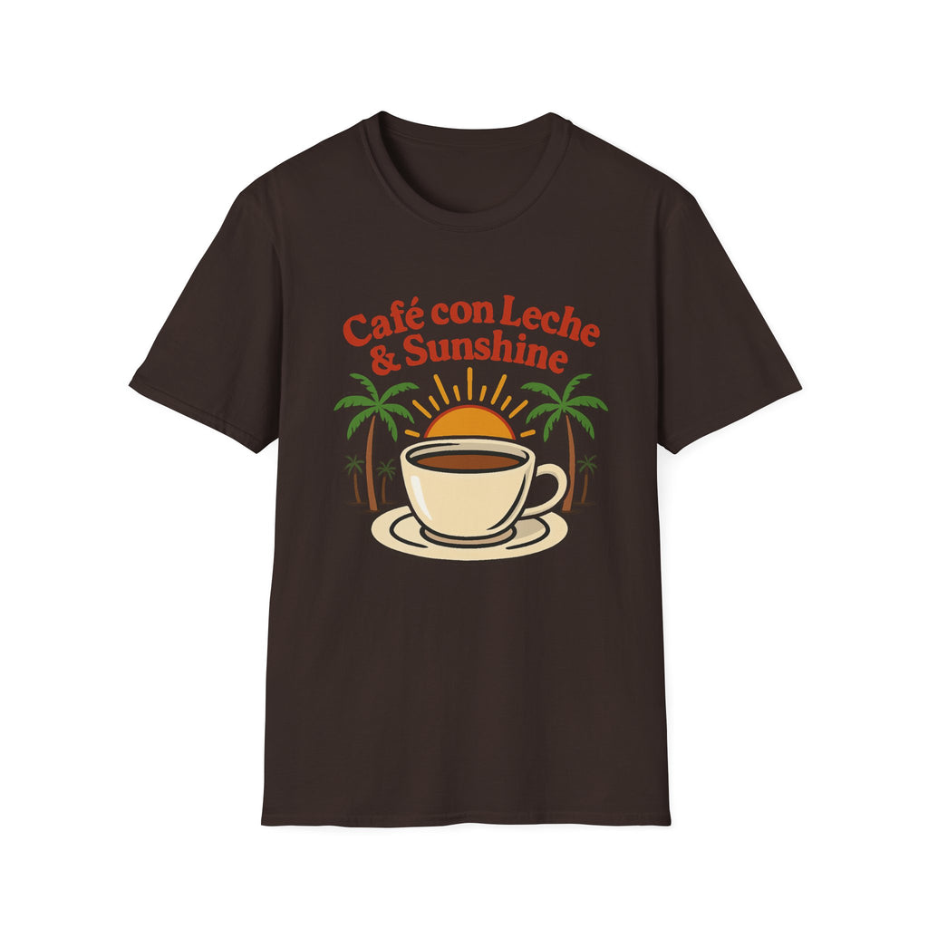 Café con Leche & Sunshine T-Shirt, Unisex Softstyle Tee, Coffee Lover Gift, Summer Vibes Shirt, Beach Day Apparel, Tropical Fashion