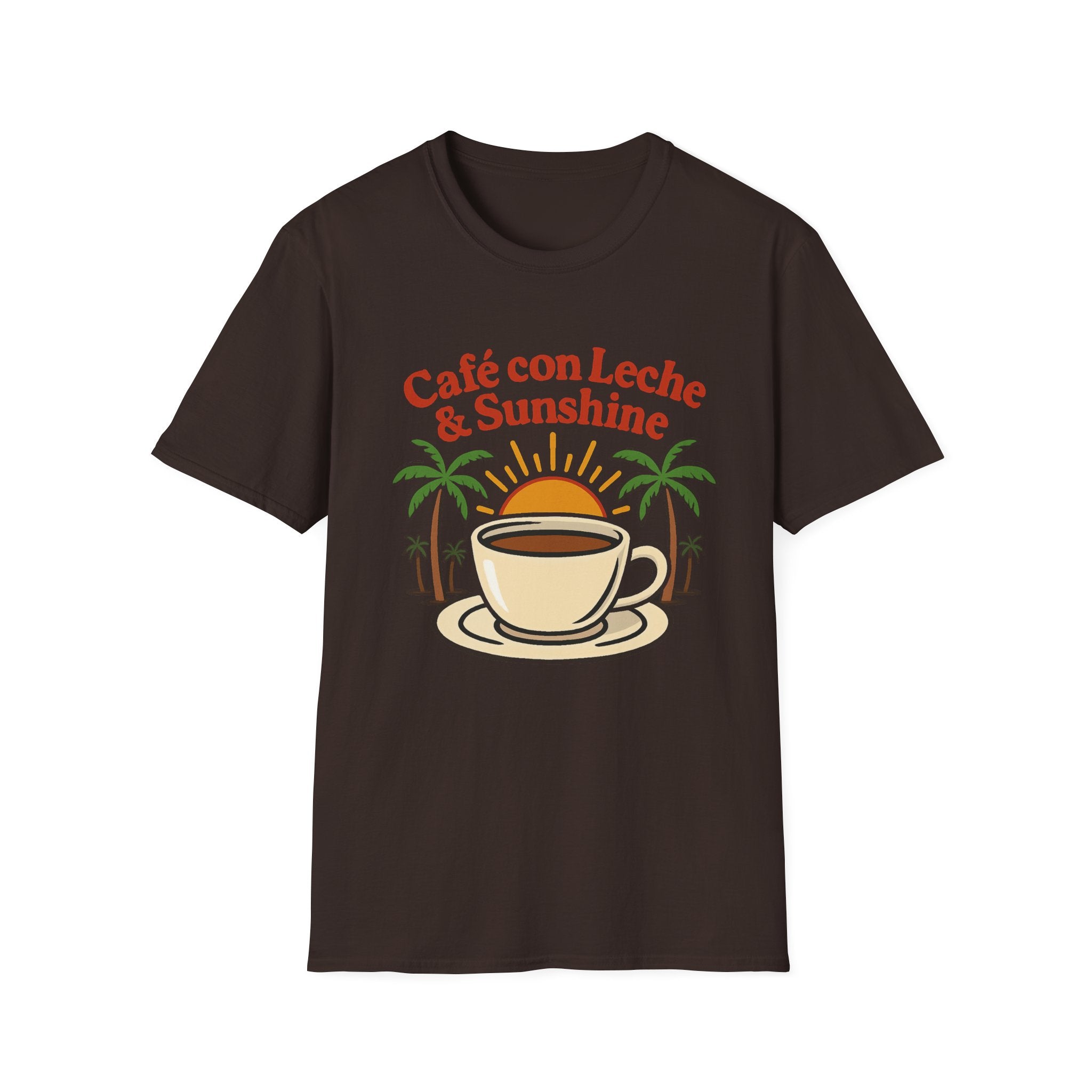 Café con Leche & Sunshine T-Shirt, Unisex Softstyle Tee, Coffee Lover Gift, Summer Vibes Shirt, Beach Day Apparel, Tropical Fashion