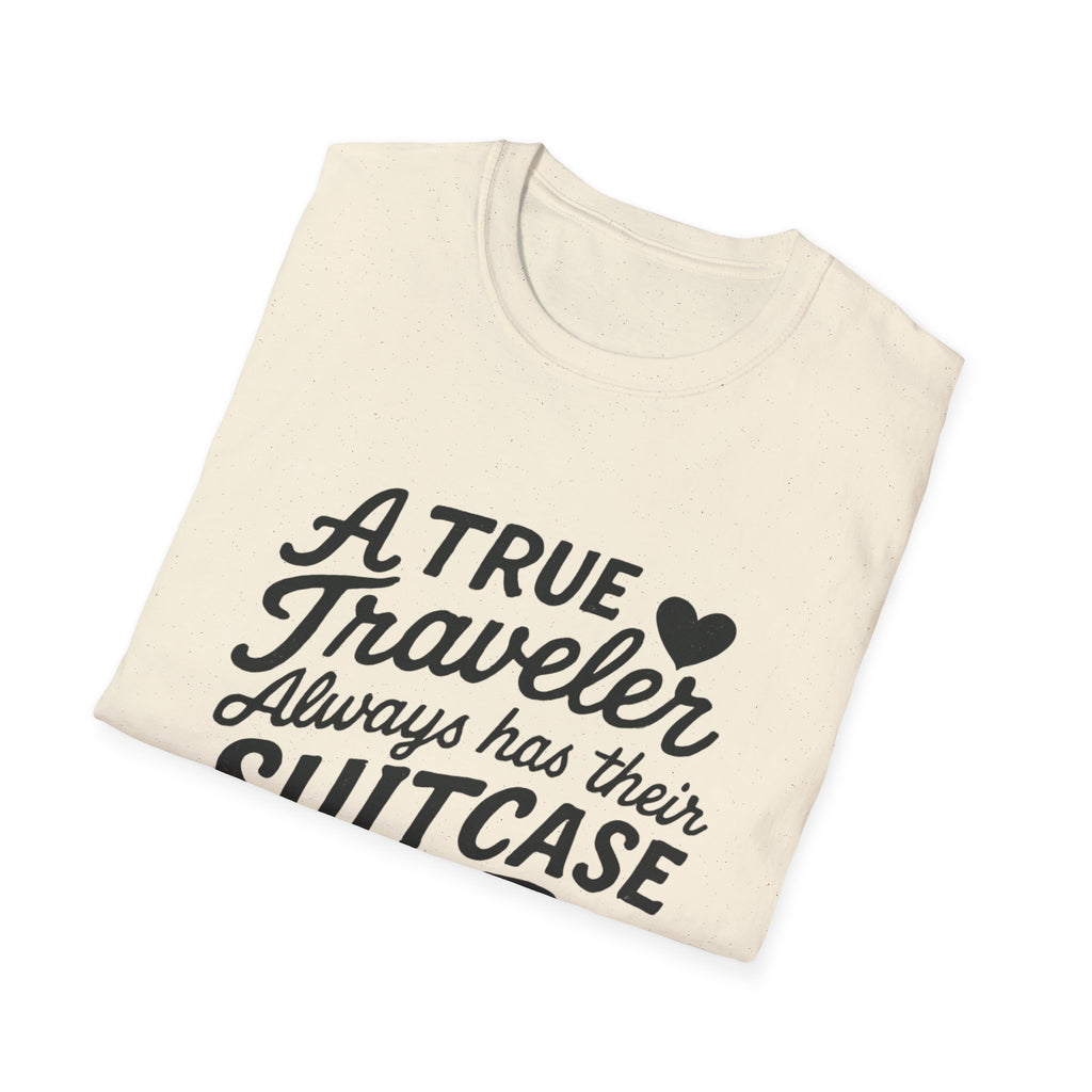 A True Traveler Unisex Softstyle T-Shirt, Travel Gift, Adventure Apparel, Wanderlust Tee, Suitcase Design Shirt
