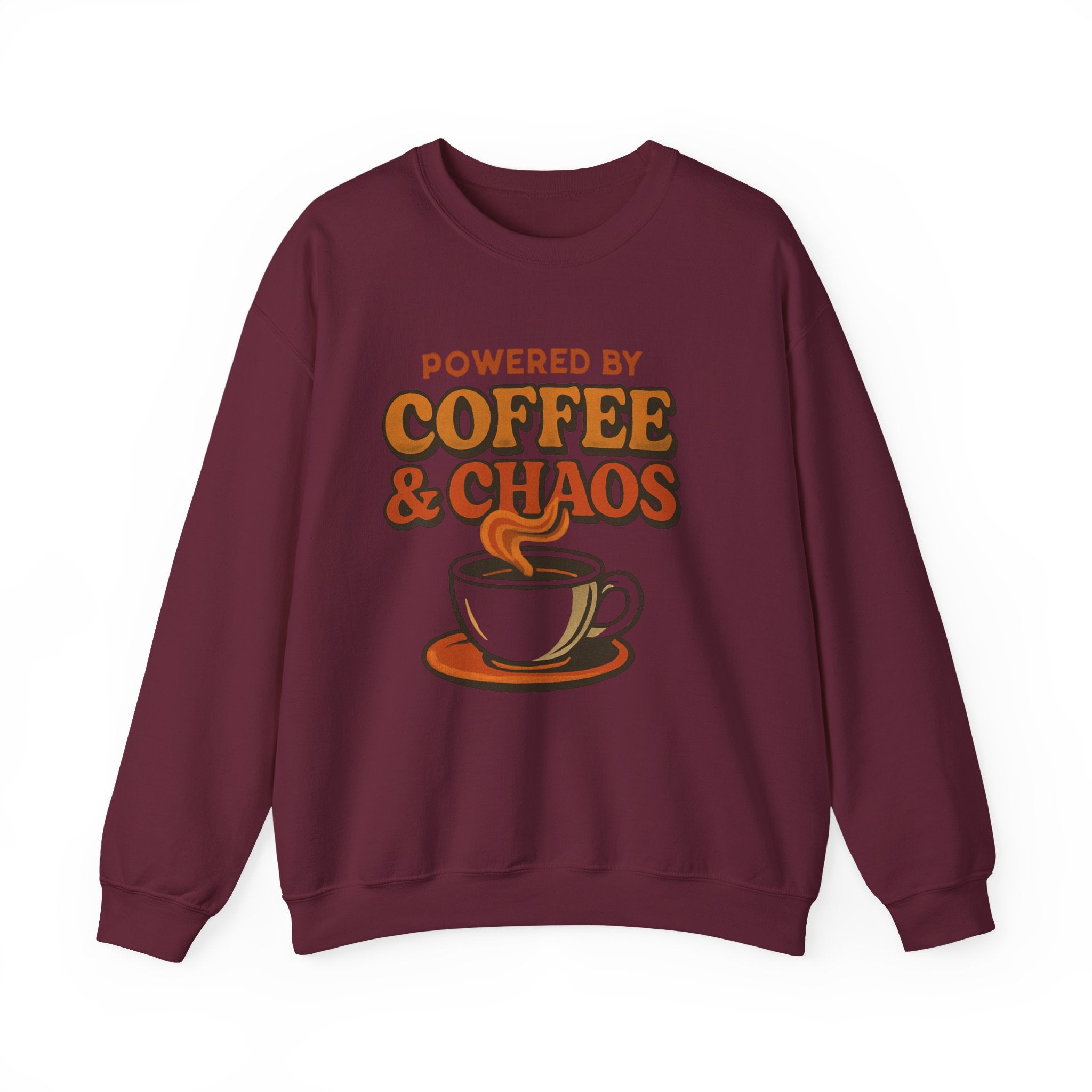 Coffee & Chaos Crewneck Sweatshirt – “Powered by Coffee & Chaos” Cozy Graphic Pullover