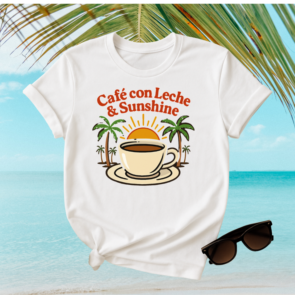 Café con Leche & Sunshine T-Shirt, Unisex Softstyle Tee, Coffee Lover Gift, Summer Vibes Shirt, Beach Day Apparel, Tropical Fashion