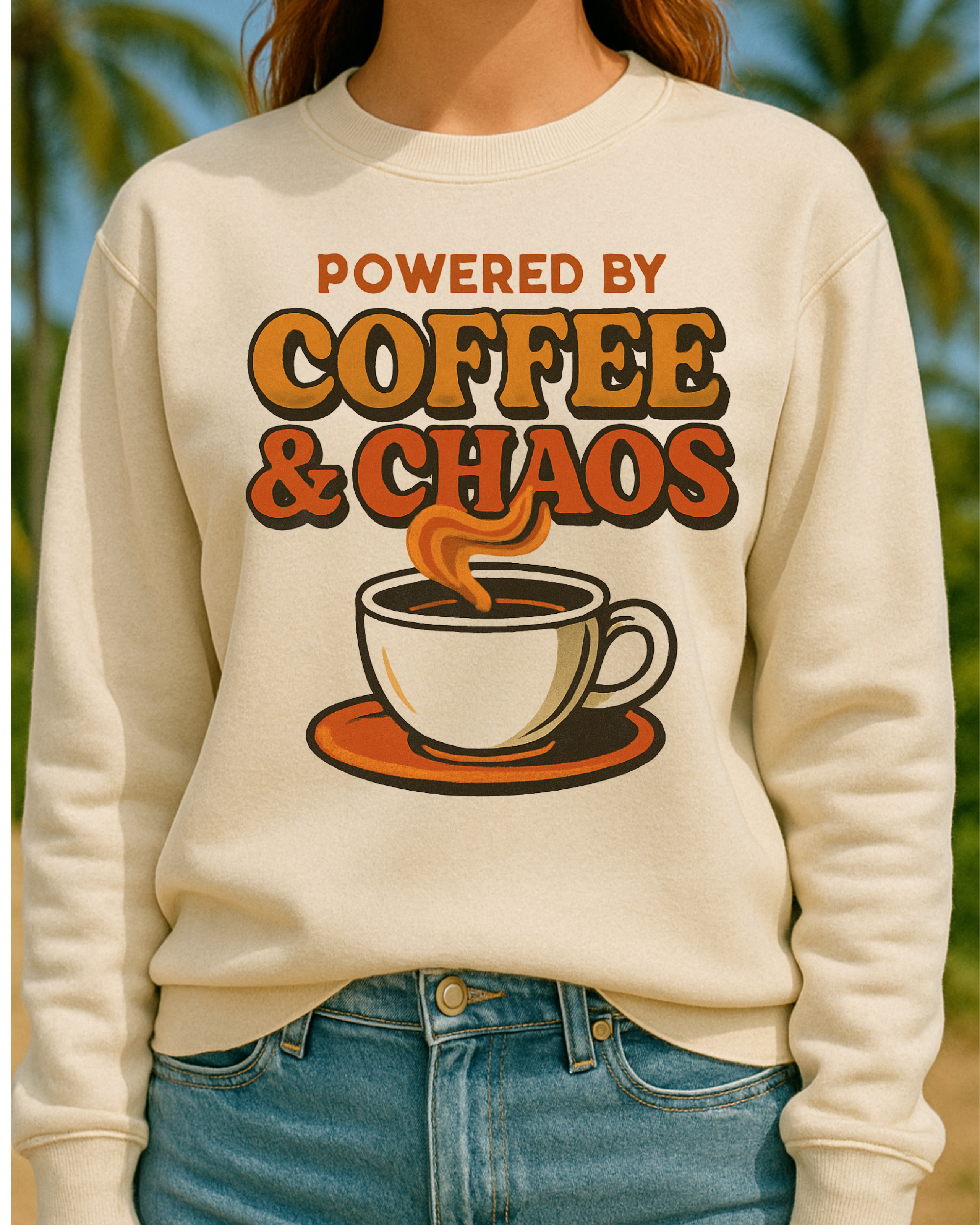 Coffee & Chaos Crewneck Sweatshirt – “Powered by Coffee & Chaos” Cozy Graphic Pullover