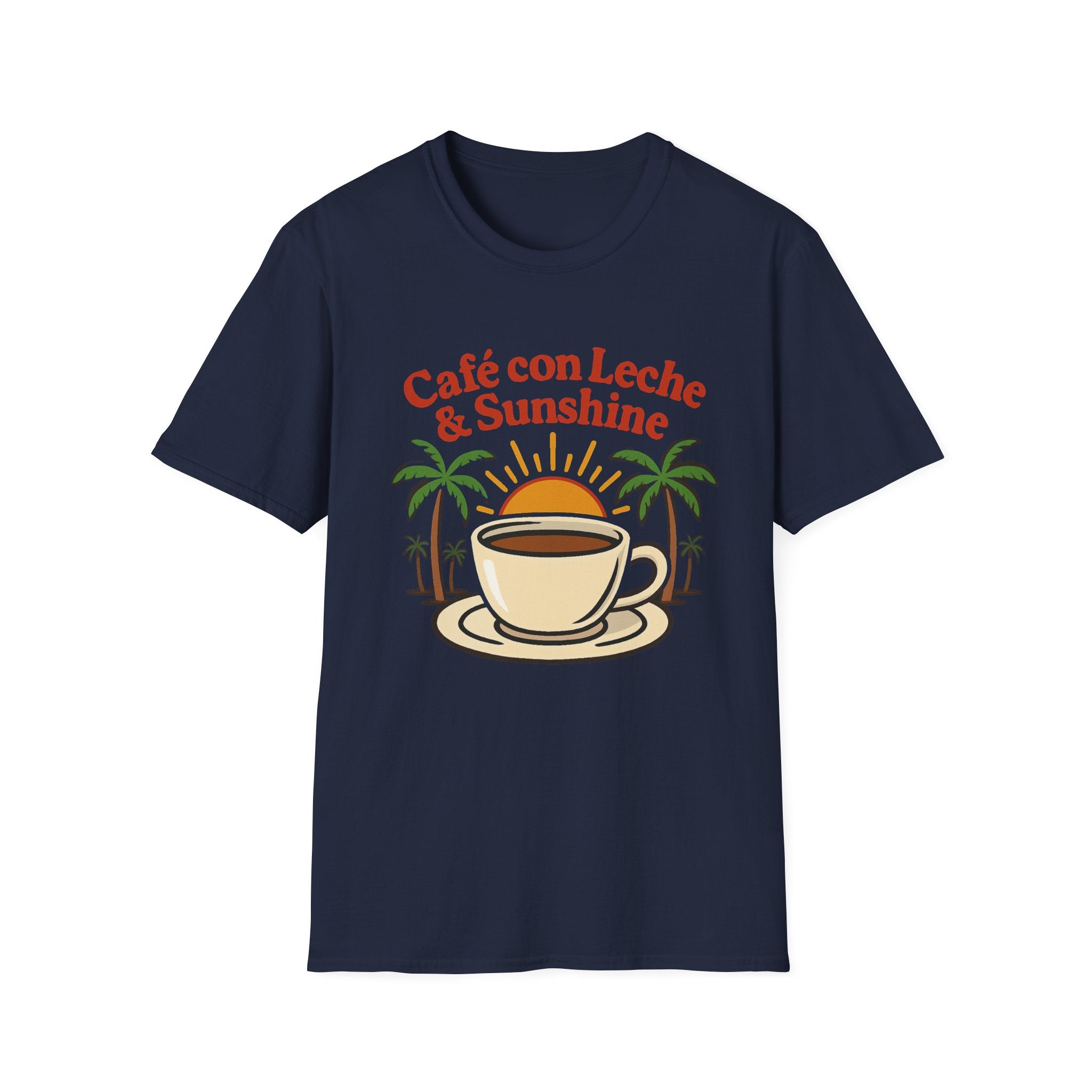 Café con Leche & Sunshine T-Shirt, Unisex Softstyle Tee, Coffee Lover Gift, Summer Vibes Shirt, Beach Day Apparel, Tropical Fashion