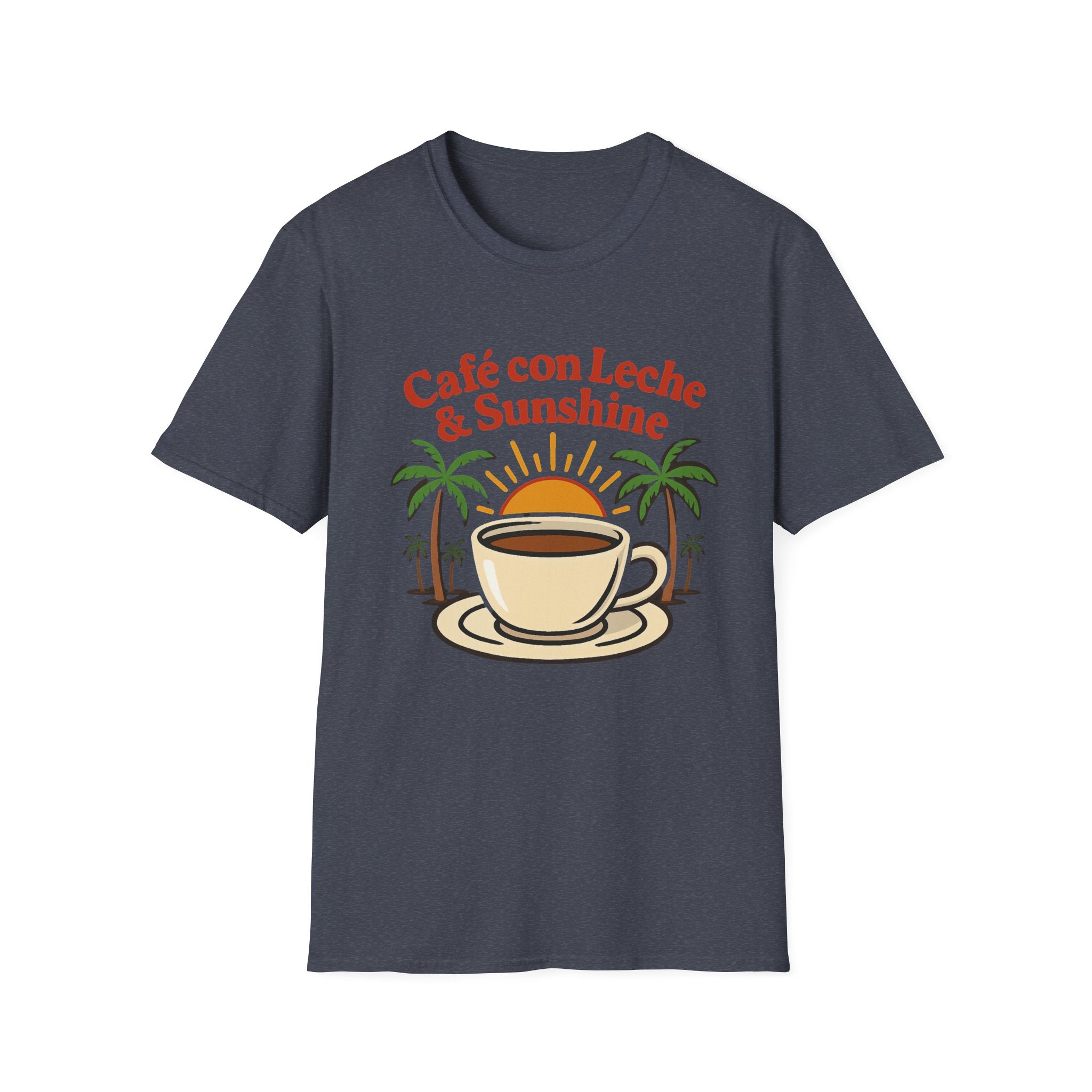 Café con Leche & Sunshine T-Shirt, Unisex Softstyle Tee, Coffee Lover Gift, Summer Vibes Shirt, Beach Day Apparel, Tropical Fashion