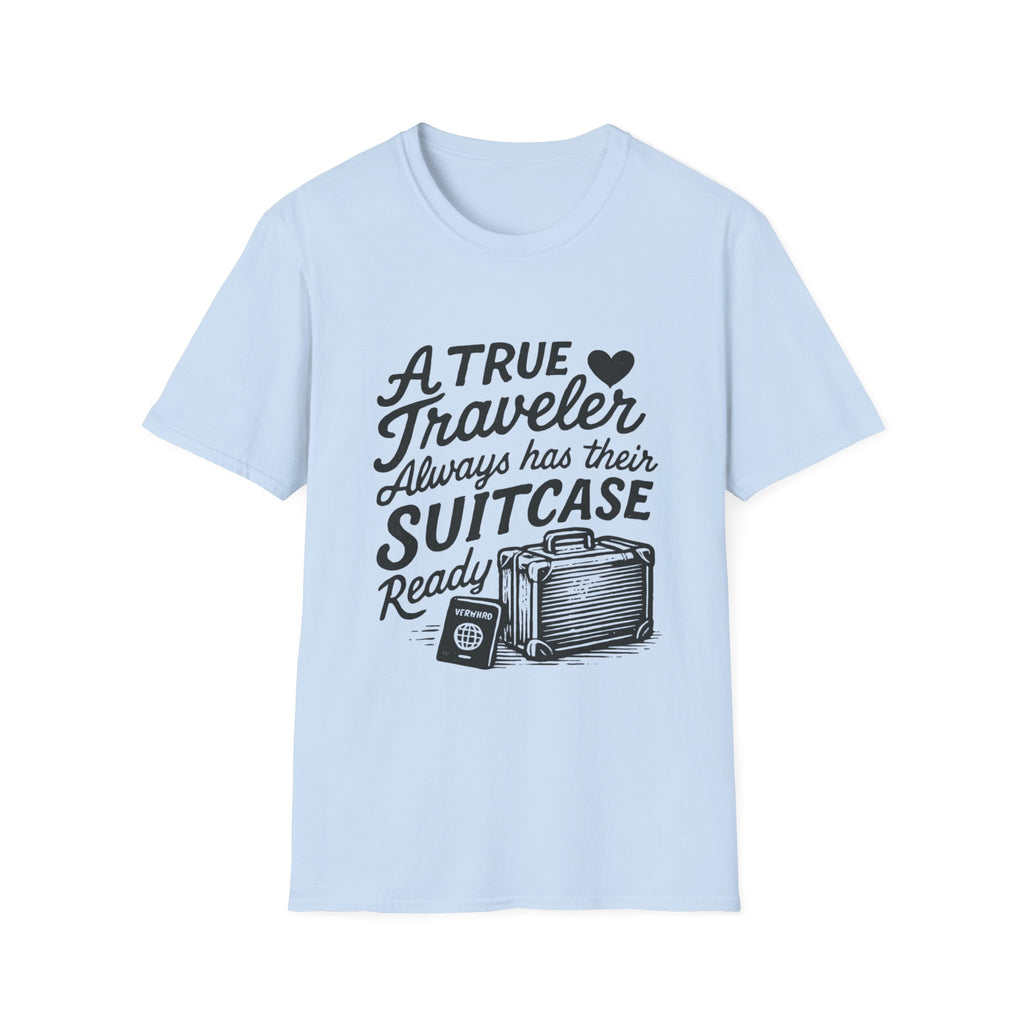 A True Traveler Unisex Softstyle T-Shirt, Travel Gift, Adventure Apparel, Wanderlust Tee, Suitcase Design Shirt