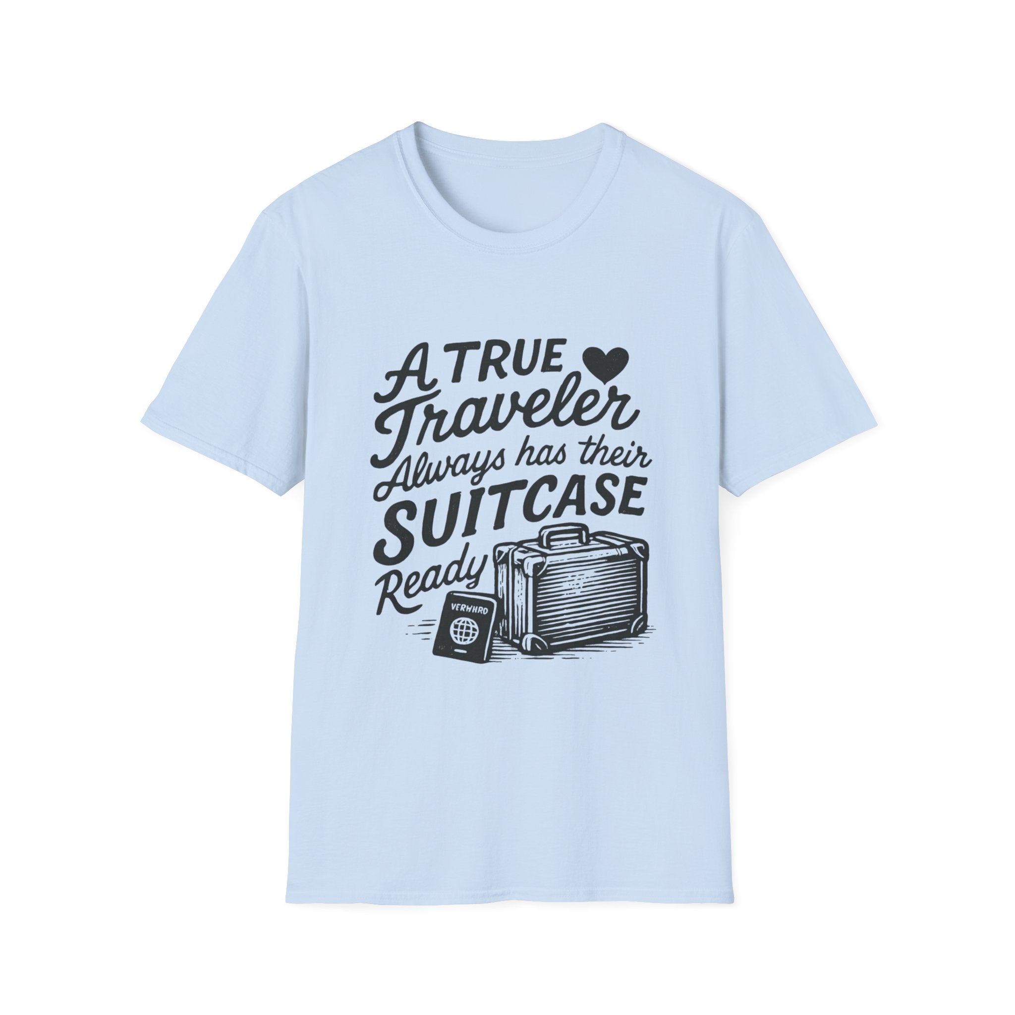 A True Traveler Unisex Softstyle T-Shirt, Travel Gift, Adventure Apparel, Wanderlust Tee, Suitcase Design Shirt