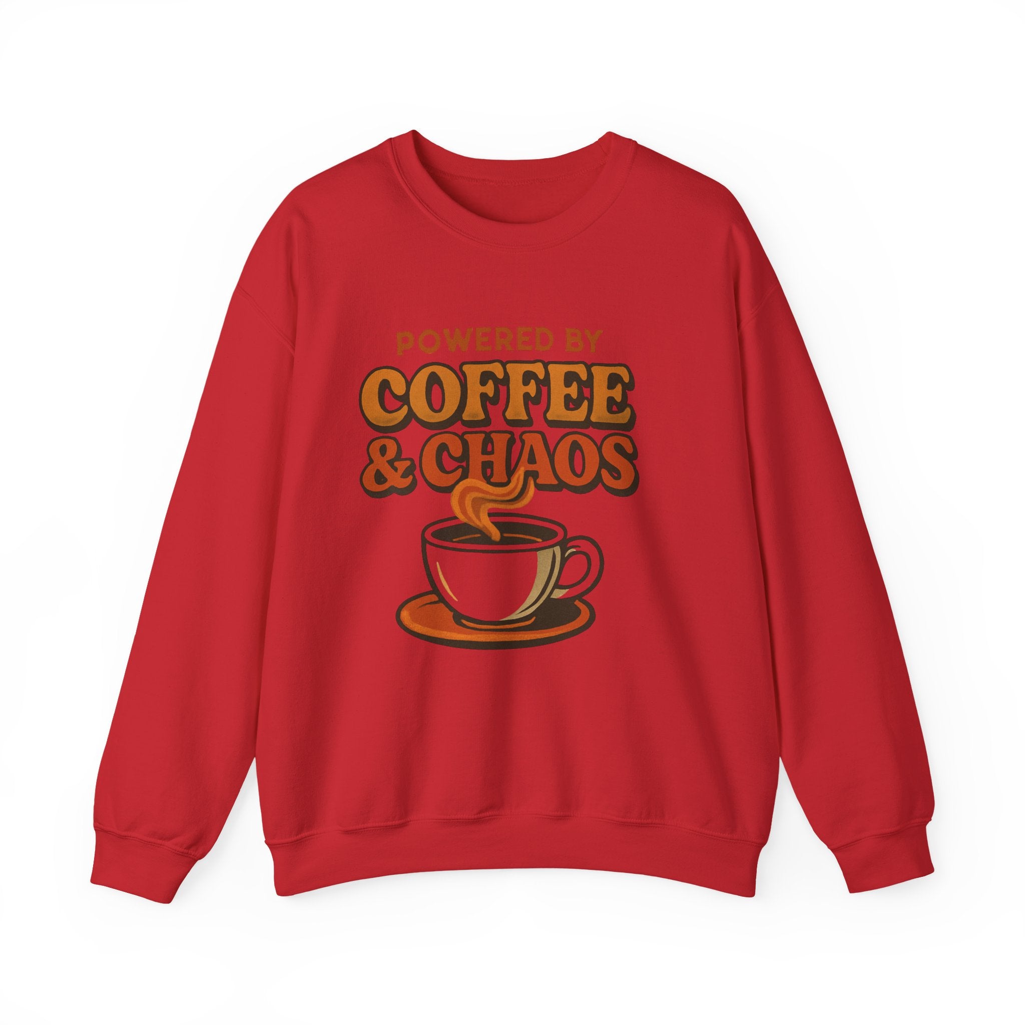 Coffee & Chaos Crewneck Sweatshirt – “Powered by Coffee & Chaos” Cozy Graphic Pullover