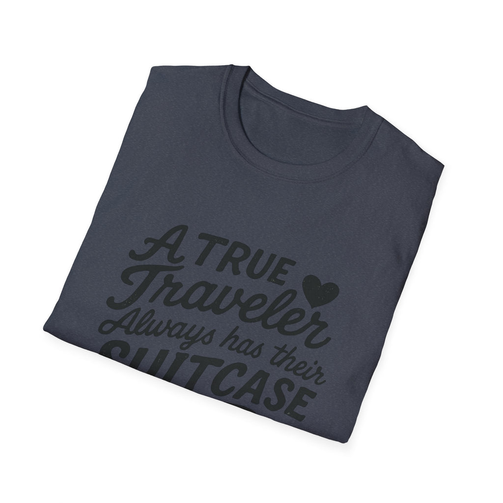 A True Traveler Unisex Softstyle T-Shirt, Travel Gift, Adventure Apparel, Wanderlust Tee, Suitcase Design Shirt