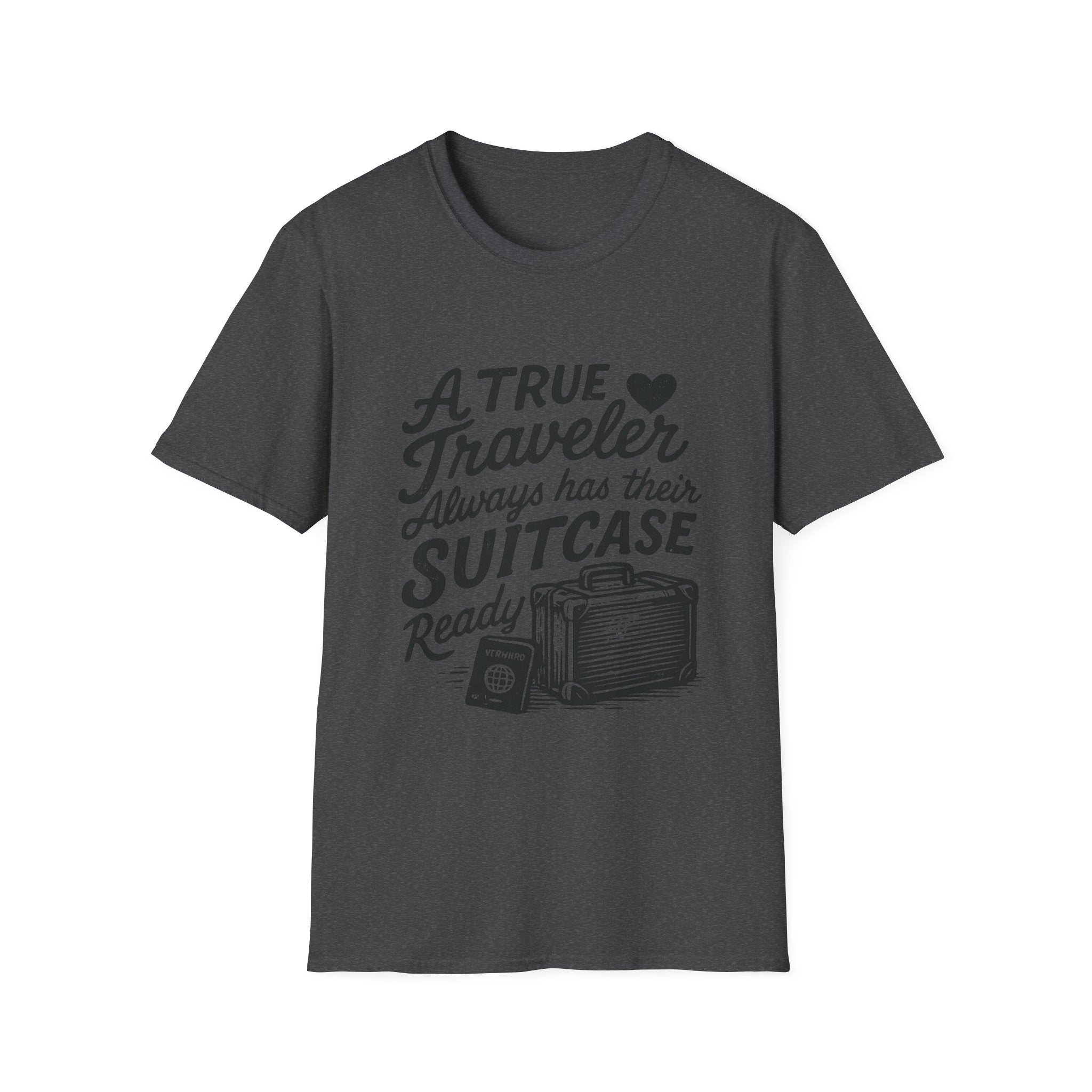 A True Traveler Unisex Softstyle T-Shirt, Travel Gift, Adventure Apparel, Wanderlust Tee, Suitcase Design Shirt
