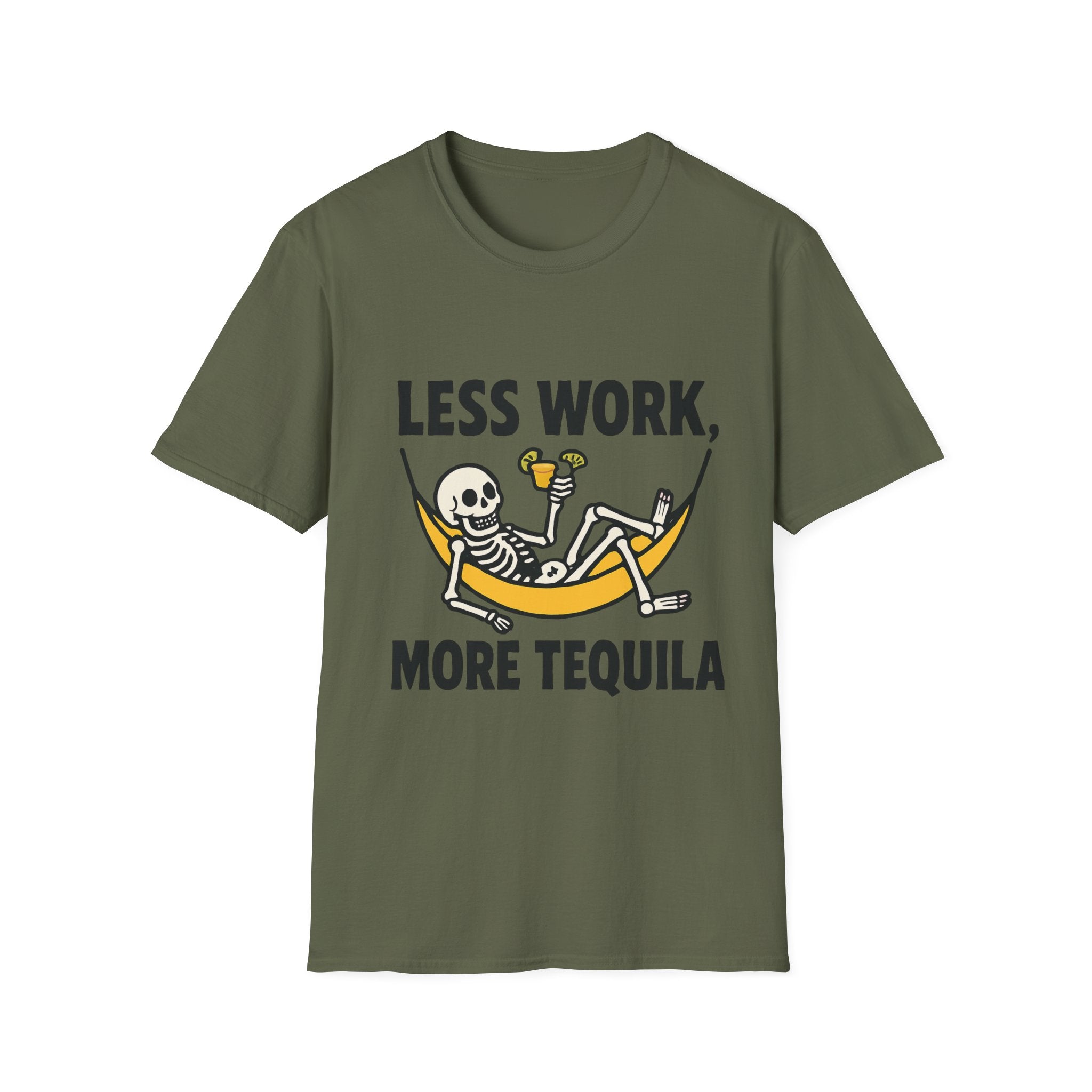 Less Work, More Tequila Skeleton T-Shirt, Funny Graphic Tee, Unisex Humor Shirt, Funny Gift for Friends, Casual Summer Wear
