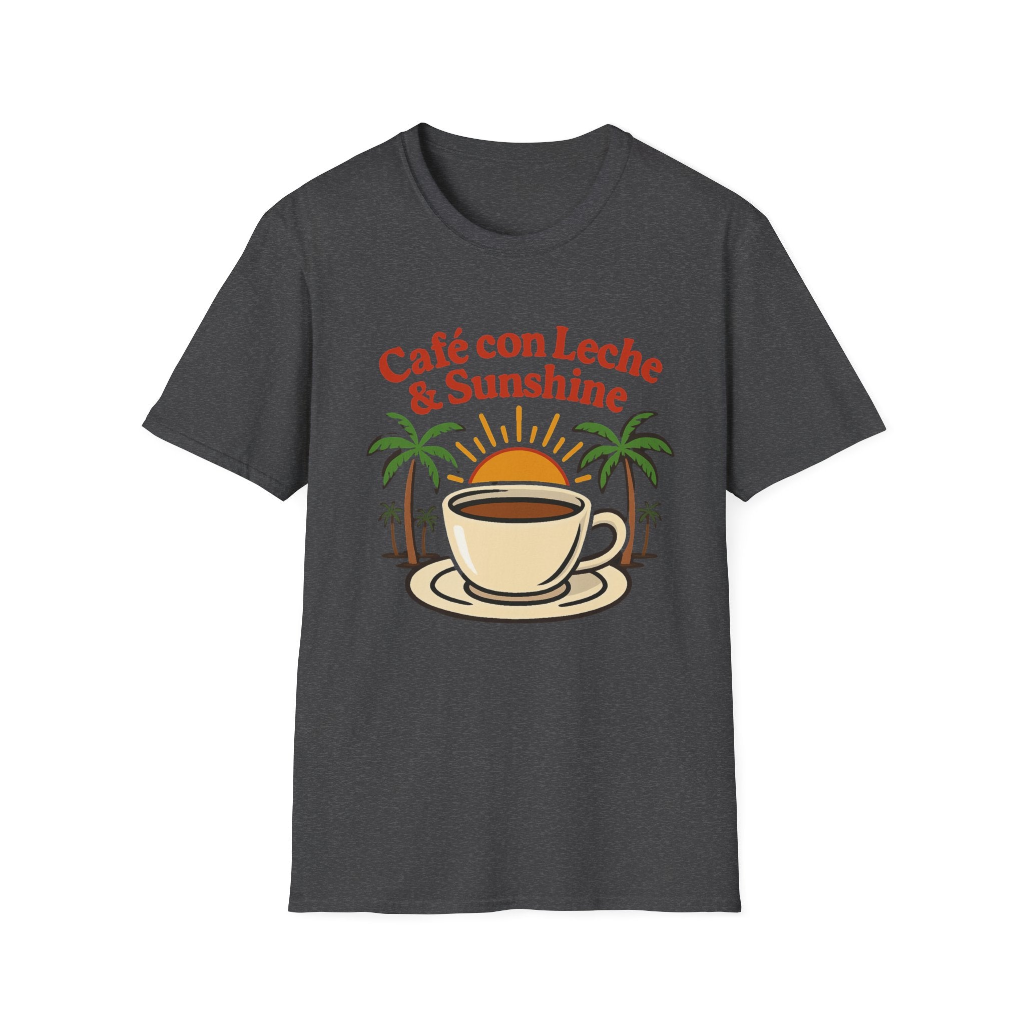 Café con Leche & Sunshine T-Shirt, Unisex Softstyle Tee, Coffee Lover Gift, Summer Vibes Shirt, Beach Day Apparel, Tropical Fashion