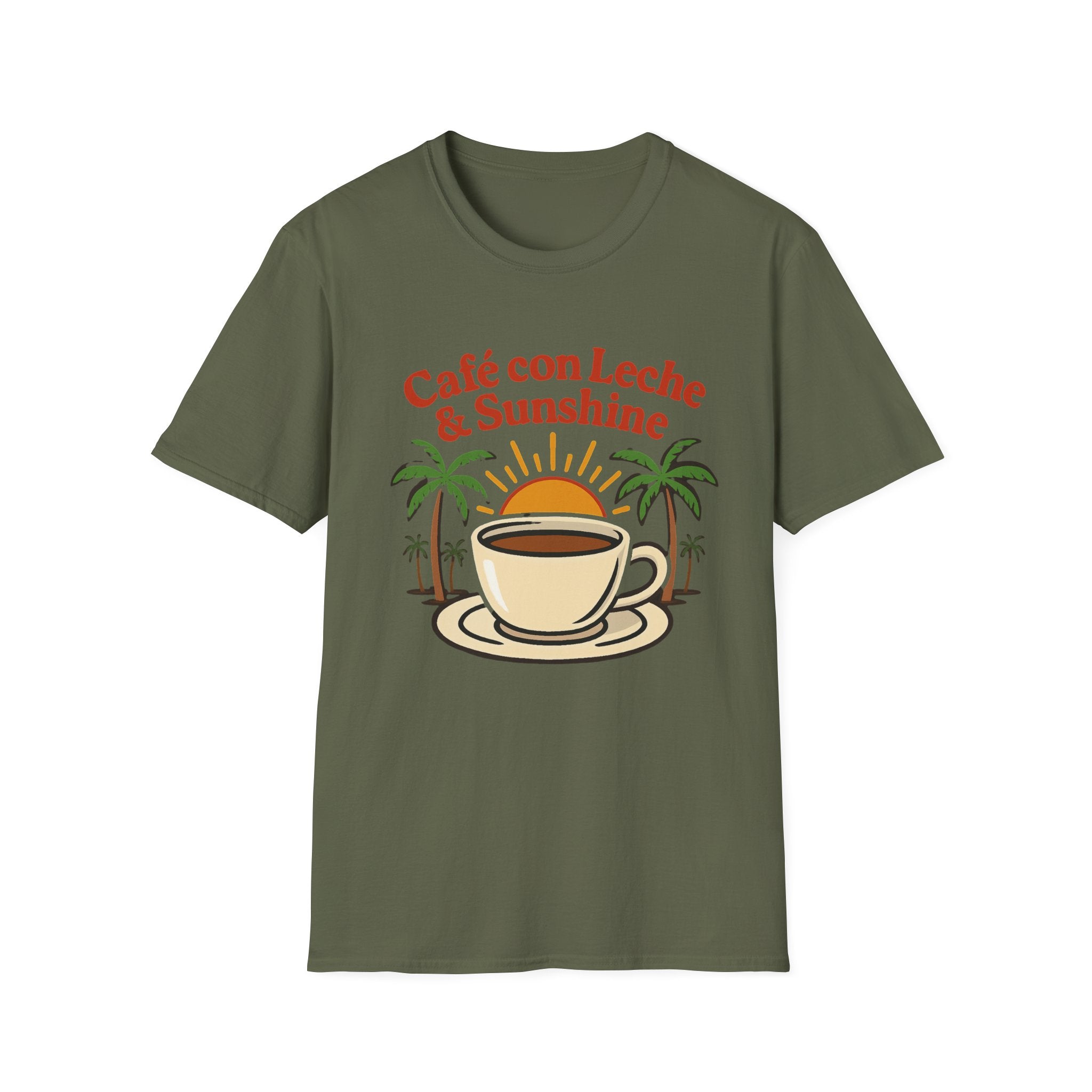 Café con Leche & Sunshine T-Shirt, Unisex Softstyle Tee, Coffee Lover Gift, Summer Vibes Shirt, Beach Day Apparel, Tropical Fashion