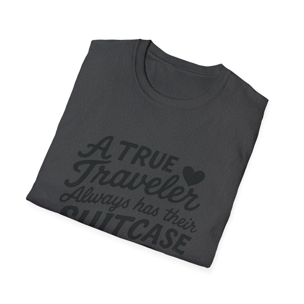 A True Traveler Unisex Softstyle T-Shirt, Travel Gift, Adventure Apparel, Wanderlust Tee, Suitcase Design Shirt
