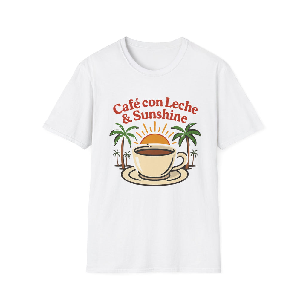 Café con Leche & Sunshine T-Shirt, Unisex Softstyle Tee, Coffee Lover Gift, Summer Vibes Shirt, Beach Day Apparel, Tropical Fashion